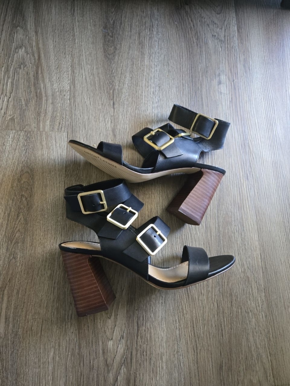 Black Heel Sandals with Gold Buckles